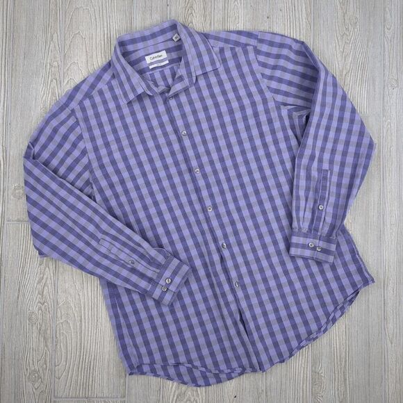 Calvin Klein Slim Fit Men’s 17” XL Purple Black Long Sleeve Dress Button Shirt - Picture 1 of 6